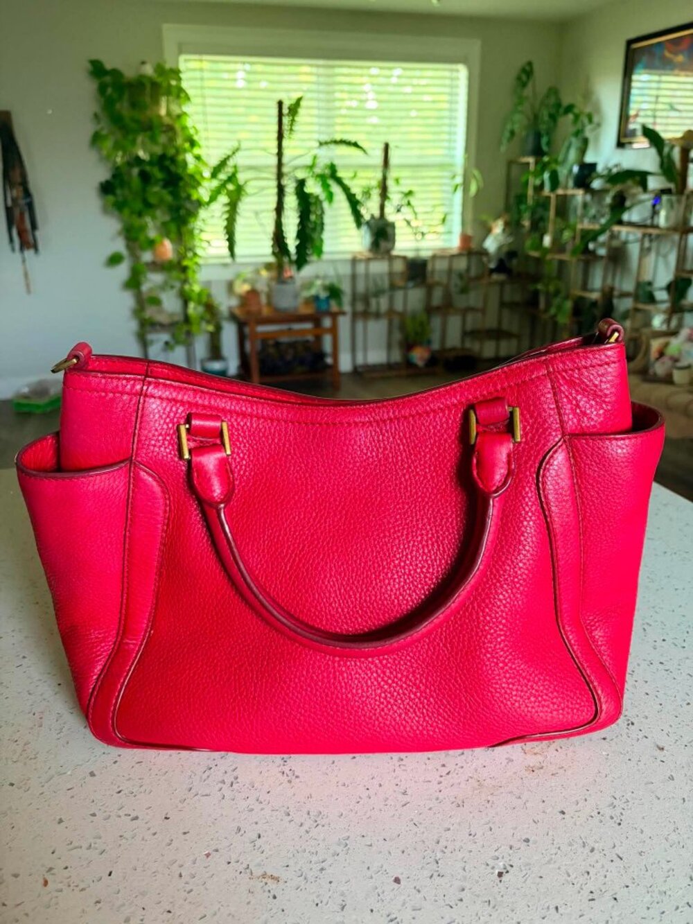 Tory Burch Robinson Pebbled Leather Convertible Satchel Tote Red Crossbody Bag - Picture 2 of 7